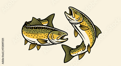 Two stylized brown trout fish illustrations, one swimming horizontally and the other leaping, on a light background.