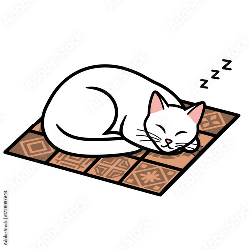 Cute cat sleeping soundly on colorful patterned mat, with zzz symbols indicating sleep, isolated on transparent