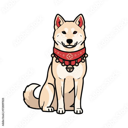 Cute, cartoonstyle shiba inu dog sitting attentively, wearing decorative red collar with golden ornaments and bell, isolated on transparent
