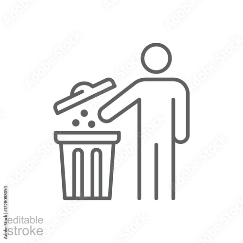 Waste bin icon. Simple outline style. Trash can, man throw garbage, dispose, person, clean, office, rubbish, litter, tidy concept. Thin line symbol. Isolated design editable stroke.