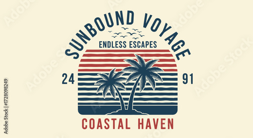 Vintage tropical sunset graphic with palm trees, birds, and text 'Sunbound Voyage Endless Escapes Coastal Haven' on a cream background.