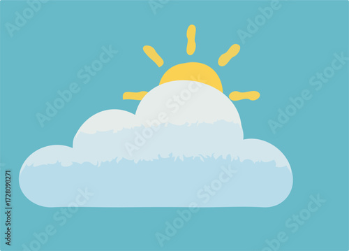 Cartoon illustration of a bright yellow sun peeking over a fluffy white cloud in a clear blue sky, depicting a sunny and cloudy weather forecast.