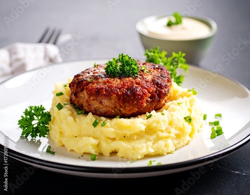 Appetizing meat patty with mashed potatoes