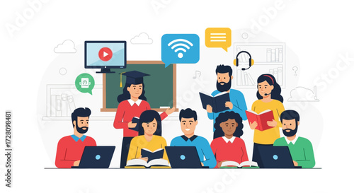 A modern educational concept with a diverse group of students using technology for online learning and virtual coaching
