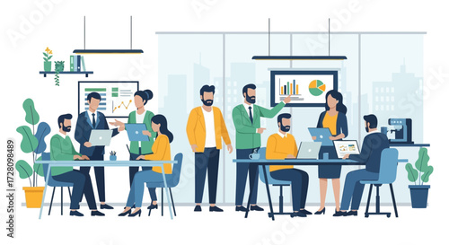 Vector illustration of a diverse business team collaborating and working together in a modern open-plan office environment