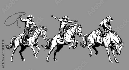 Three black and white illustrations of cowboys riding horses in various dynamic poses, including lassoing, rearing, and bucking.