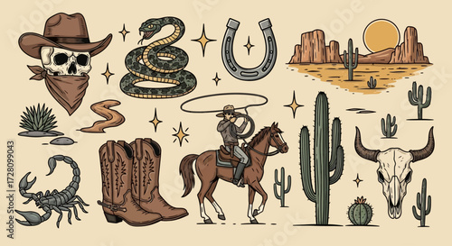 Collection of vintage Wild West and cowboy themed illustrations including skulls, snakes, horses, cacti, and desert landscapes.