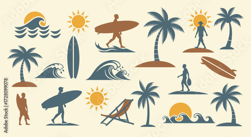 Collection of vintage summer and beach icons featuring surfers, palm trees, sun, and ocean waves in a retro style.