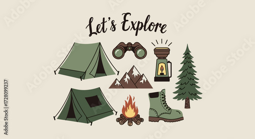 An illustration of various camping and outdoor exploration gear including tents, binoculars, a lantern, a campfire, a hiking boot, mountains, and a pine tree, with 'Let's Explore' text.
