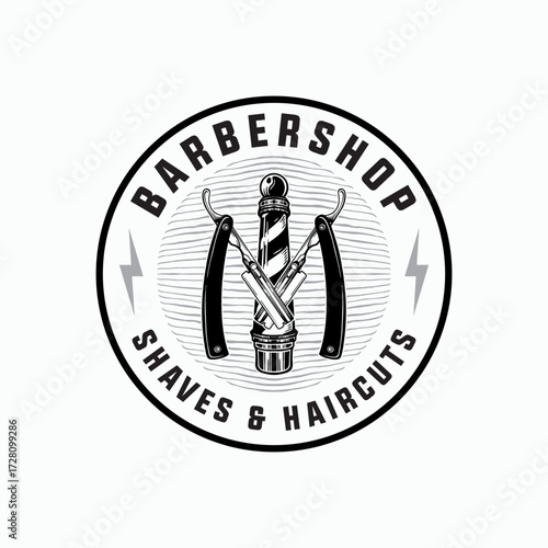 Vintage barbershop logo design offering classic shaves and stylish haircuts with a cool, retro vibe perfect for branding and advertising materials