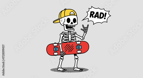 A cool cartoon skeleton wearing a yellow cap, holding a red skateboard, making a rock-on gesture, and exclaiming "RAD!".