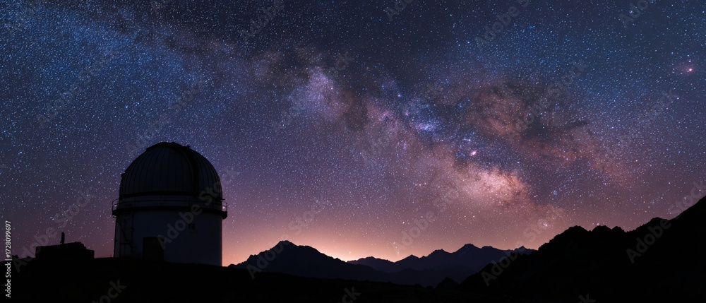 Obraz premium Astronomical observatory dome silhouette night sky milky way galaxy stars mountain landscape view.