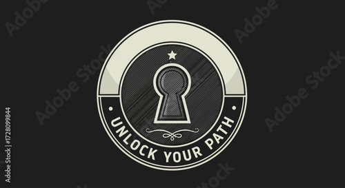 A vintage-style circular emblem featuring a keyhole, star, and 