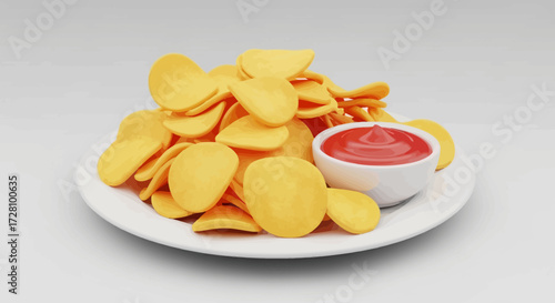 Plate of chips and dipping sauce for snack menu designs, food blog posts, restaurant promotions, party invitations, or social media content.