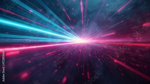 Abstract energy beams in cyan and magenta with glowing particle trails, creating a dynamic light speed motion effect on a futuristic sci-fi background.