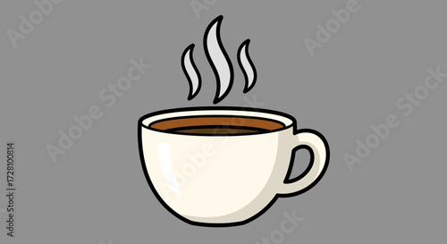 Steaming cup of coffee against solid gray background. Ideal for coffee shops, websites, social media posts, and cafe menus.