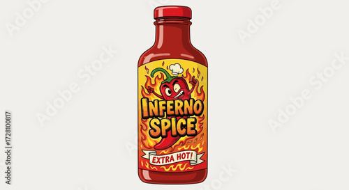 Bottle of inferno spice extra hot sauce ideal for spicy food lovers, graphic designs, food blogs, and product packaging.