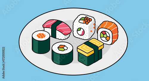 Assortment of sushi on a white plate perfect for japanese cuisine menu design, food blog, restaurant promotion, or social media.