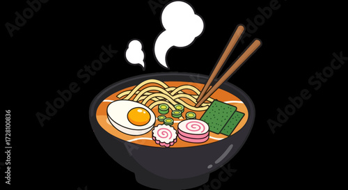 Steaming bowl of ramen noodles topped with various ingredients. Suitable for food blogs, menus, and asian cuisine promotions.