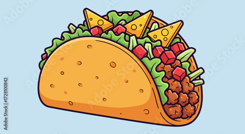 Taco with meat, lettuce, cheese, and tomato perfect for menu design, food blogs, social media posts, and educational materials.