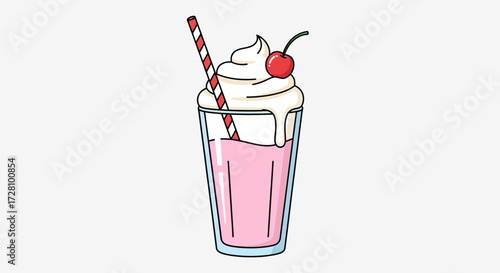 Pink milkshake with whipped cream, cherry, striped straw. Perfect for food blogs, menus, social media posts, summerthemed designs.