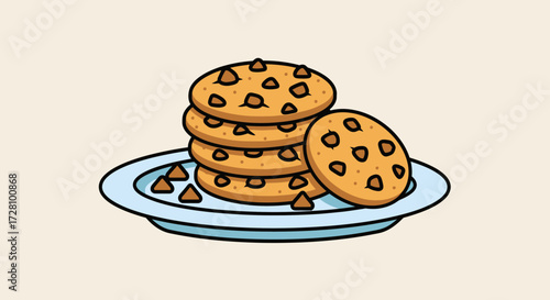 Plate of chocolate chip cookies on light background. Suitable for food blogs, social media posts, baking websites, and recipe cards.
