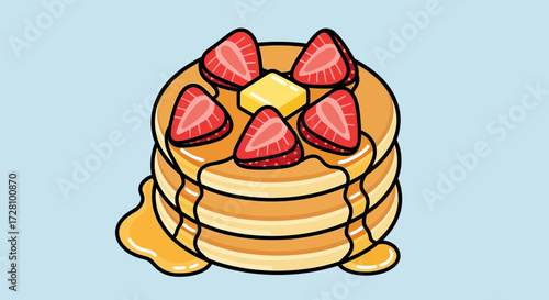 Delicious stack of pancakes drizzled with syrup, topped with strawberries and butter. Perfect for breakfast menus or food blogs.
