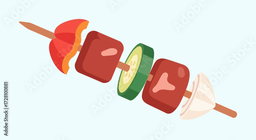 Vegetable and meat skewer on a wooden stick perfect for food blogs, menu designs, recipe cards, and restaurant advertisements.