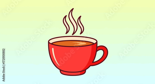 Steaming hot cup of liquid in a red mug suitable for coffee shop menus, social media posts, and advertising campaigns.
