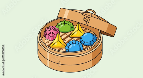 Dumplings in bamboo steamer, lid open. Perfect for food blogs, recipe books, or asian cuisine websites.