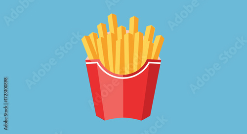 Red paper container filled with yellow french fries, perfect for food blogs, menus, and promotional materials related to fast food.