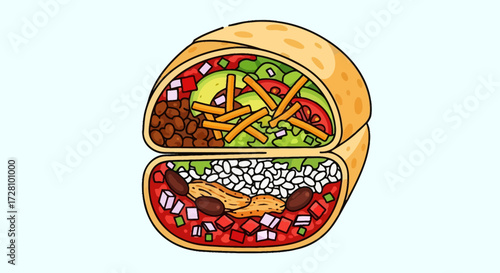 Burrito cut in half displaying various fillings. Perfect for food blogs, mexican restaurant menus, or social media posts about delicious meals.