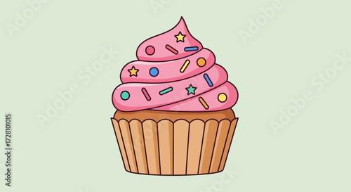 Wonderfully decorated cupcake featuring pink frosting and star sprinkles, perfect for party invitations, bakery menus, and dessertthemed designs.