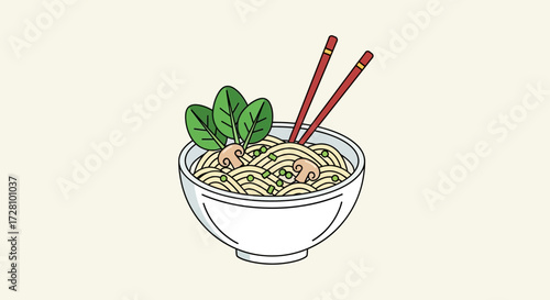 White bowl of noodles with spinach and chopsticks is perfect for food blogs, recipes, and asian cuisine.