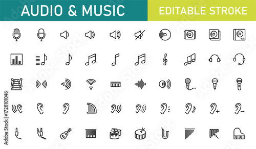 Audio and Music Line Icons Set – Editable Stroke Vector Collection