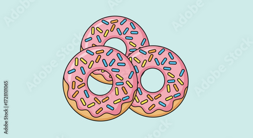 Three vibrant pink donuts with sprinkles on blue background. Perfect for food blogs, bakery menus, dessert advertisements, or social media posts.