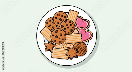 Delicious assortment of cookies on a white plate, perfect for bakery shop promotions, dessert menus, or cookie recipe illustrations.