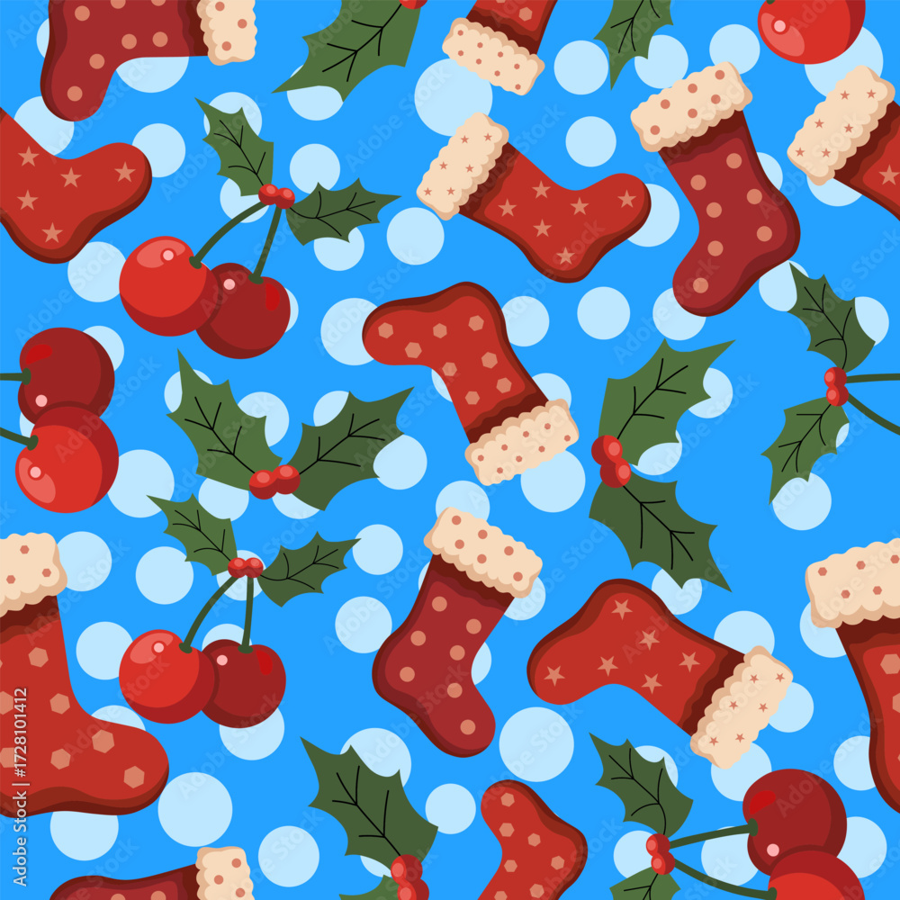 Naklejka premium seamless pattern Festive christmas stockings and berries colorful background digital pattern holiday spirit top-down