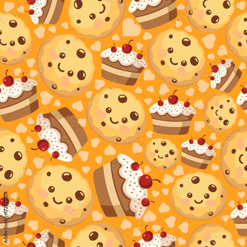 seamless pattern Delicious cartoon cupcakes and cookies pattern design sweet treats digital art whimsical style colorful vibe