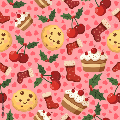 seamless pattern Festive holiday patterns featuring cookies cherries and cupcakes on pink background graphic design whimsical atmosphere