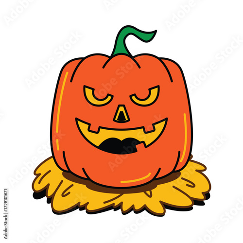 A cartoon illustration of a spooky Jack o lantern with a menacing carved face. This orange Halloween pumpkin with a green stem sits on a pile of yellow hay.