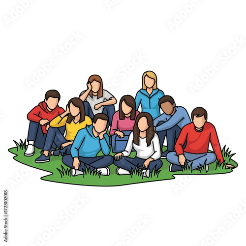 Diverse group people, including men and women various ages, sitting together on grassy hill, depicted in colorful, flat style, conveying community and togetherness