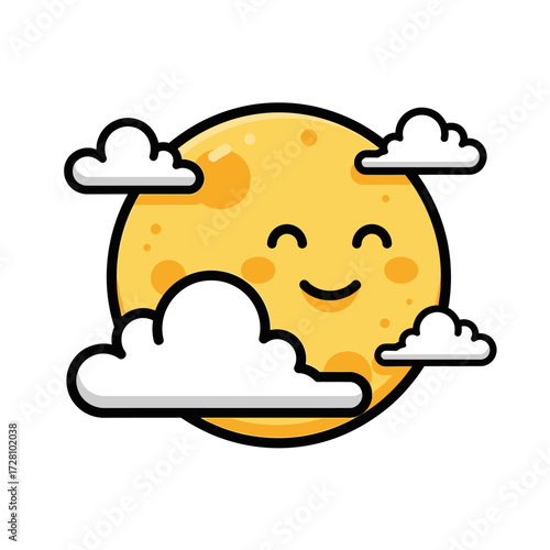 Cheerful cartoon moon with smiling face and closed eyes, surrounded by fluffy clouds, isolated on, representing nighttime and dreams