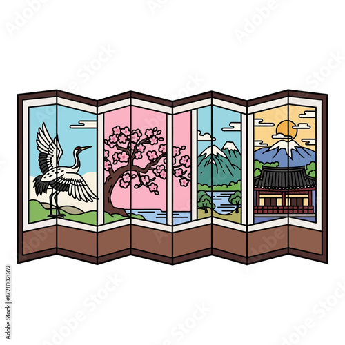 Colorful, traditional japanese folding screen depicting serene landscape with crane, cherry blossom tree, mountains, and temple under sunset sky, isolated on