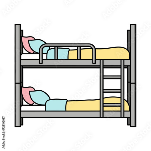 Sturdy metal bunk bed with two sleeping berths, complete with pillows and blankets, featuring ladder for access, isolated on