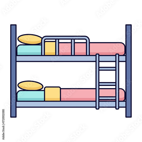 Simple cartoon blue bunk bed with pink and teal bedding, and yellow pillows, isolated on, perfect for childrens rooms or dormitory themes