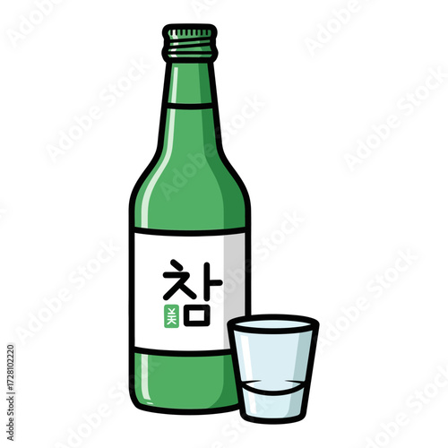 Green bottle soju with shot glass