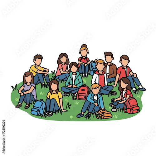 Diverse group children and teenagers sitting on the grass with their backpacks