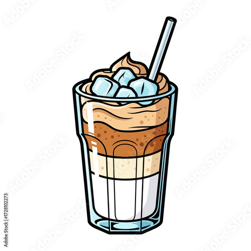 Refreshing iced coffee with layers cream and ice, served in tall glass with straw