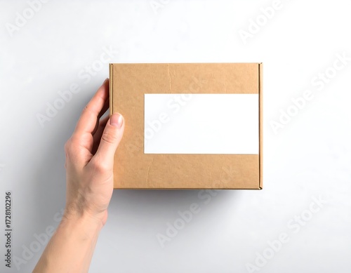 Hand holding a light brown cardboard box with a blank white label